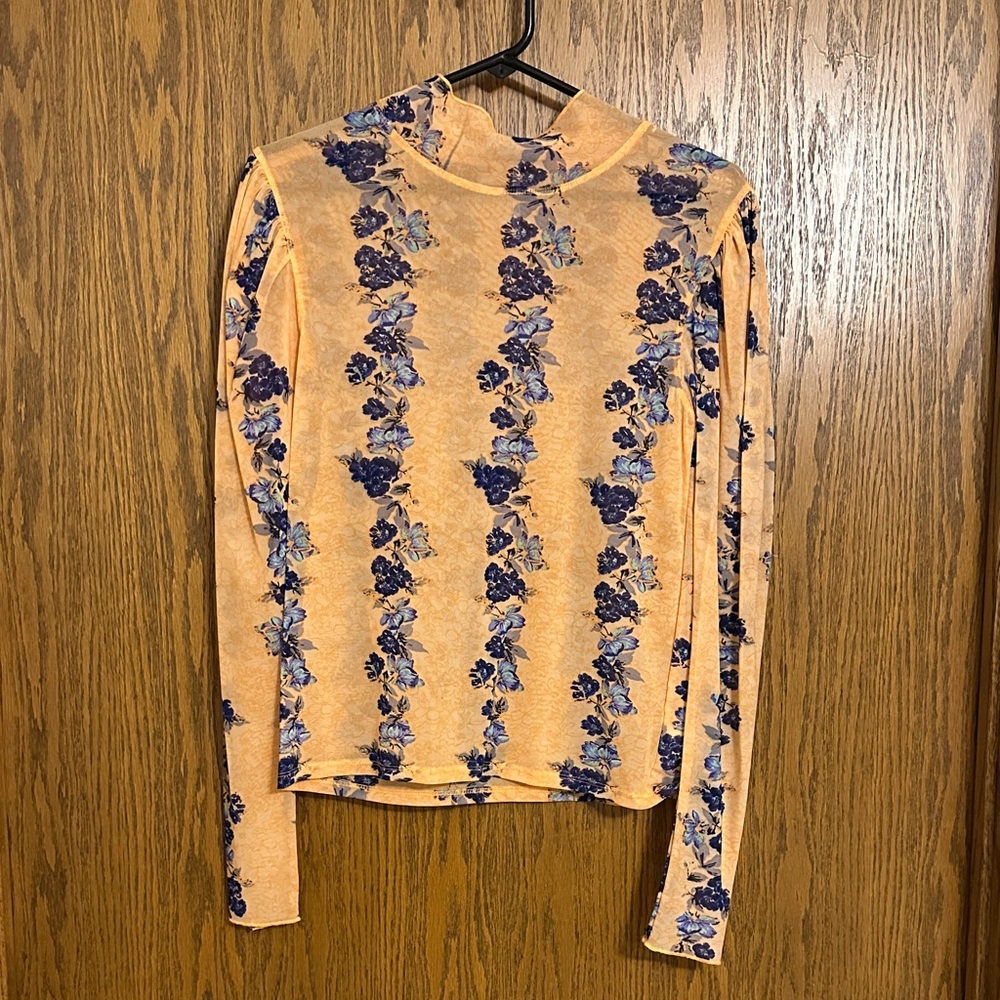 Free People Orange and Blue Floral Long Sleeve Top